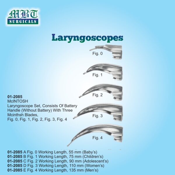 Reliable McIntosh Laryngoscope Set – 5 Curved Blade Sizes