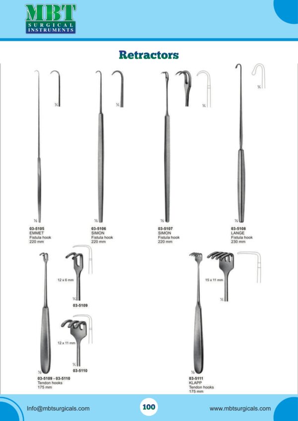 Fistula & Tendon Hooks Set – Emmet, Simon & Lange Fistula Hooks and Meyerding & Klapp Tendon Hooks – 7-Piece Retractor Series