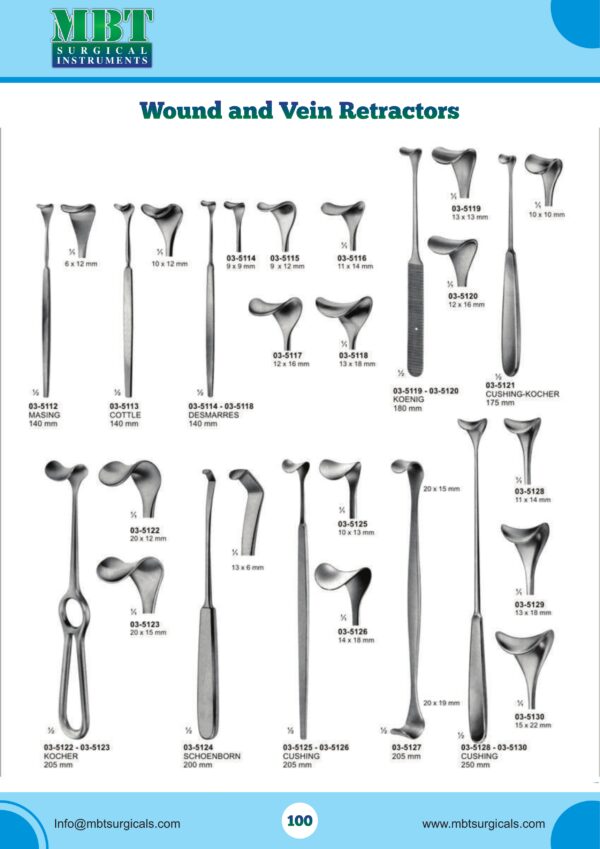Wound & Vein Retractors Set – Masing, Cottle, Desmarres, Koenig, Cushing-Kocher, Kocher, Schoenborn & Cushing Series – 20-Piece Retractor Collection