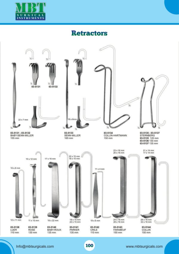 Baby-Senn-Miller, Senn-Miller, Collin-Hartmann, Sternberg, Luer, Rose, Baby-Roux, Parker, Crile, Farabeuf & Collin Retractors – 15-Piece Retractor Collection